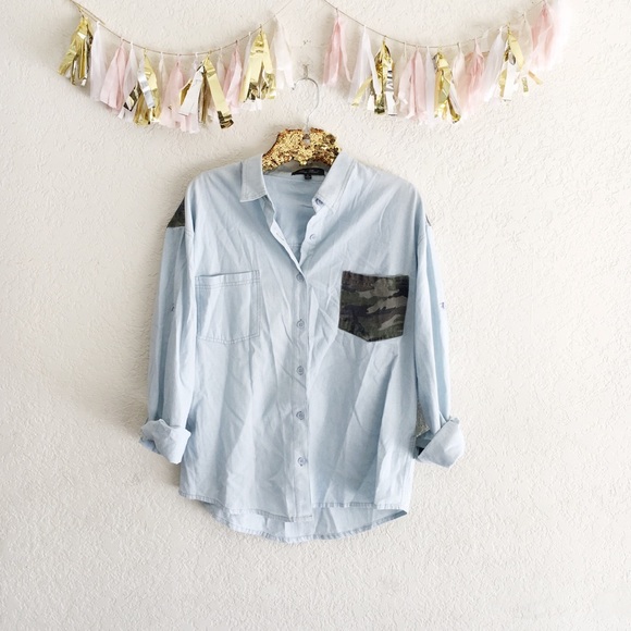 Honey Punch Tops - Honey Punch Chambray Camo Button Down
